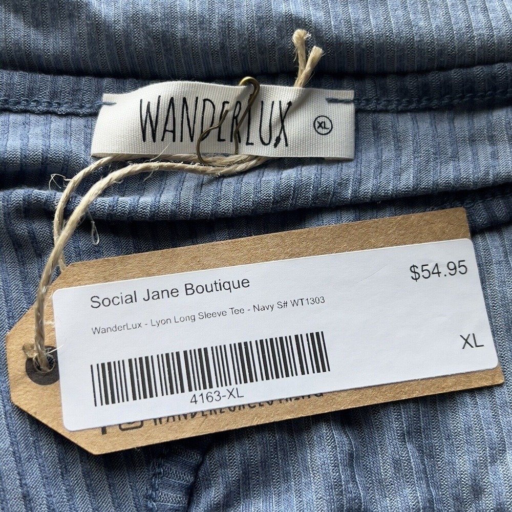 WanderLux Lyon‎ Long Sleeve Blue Ribbed Peek a Boo Key Hole Front XL Flirty Tee - Picture 2 of 7